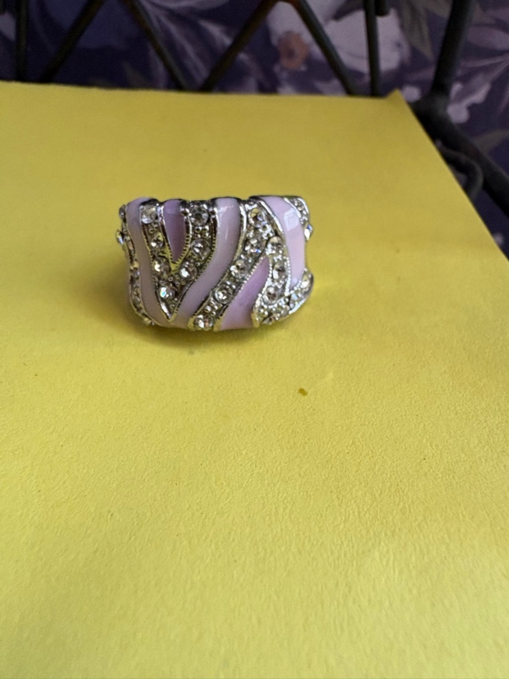 Elegant Pink Enamel and Crystal Statement Ring